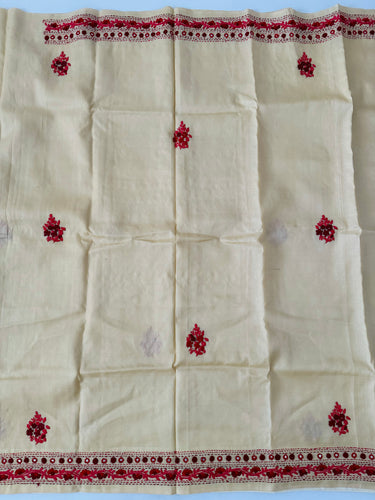Lightweight Parsi Bullion Embroidery Pure Tussar Silk Saree | Cream yellow | Gujarati Hand Embroidery | Ships from California